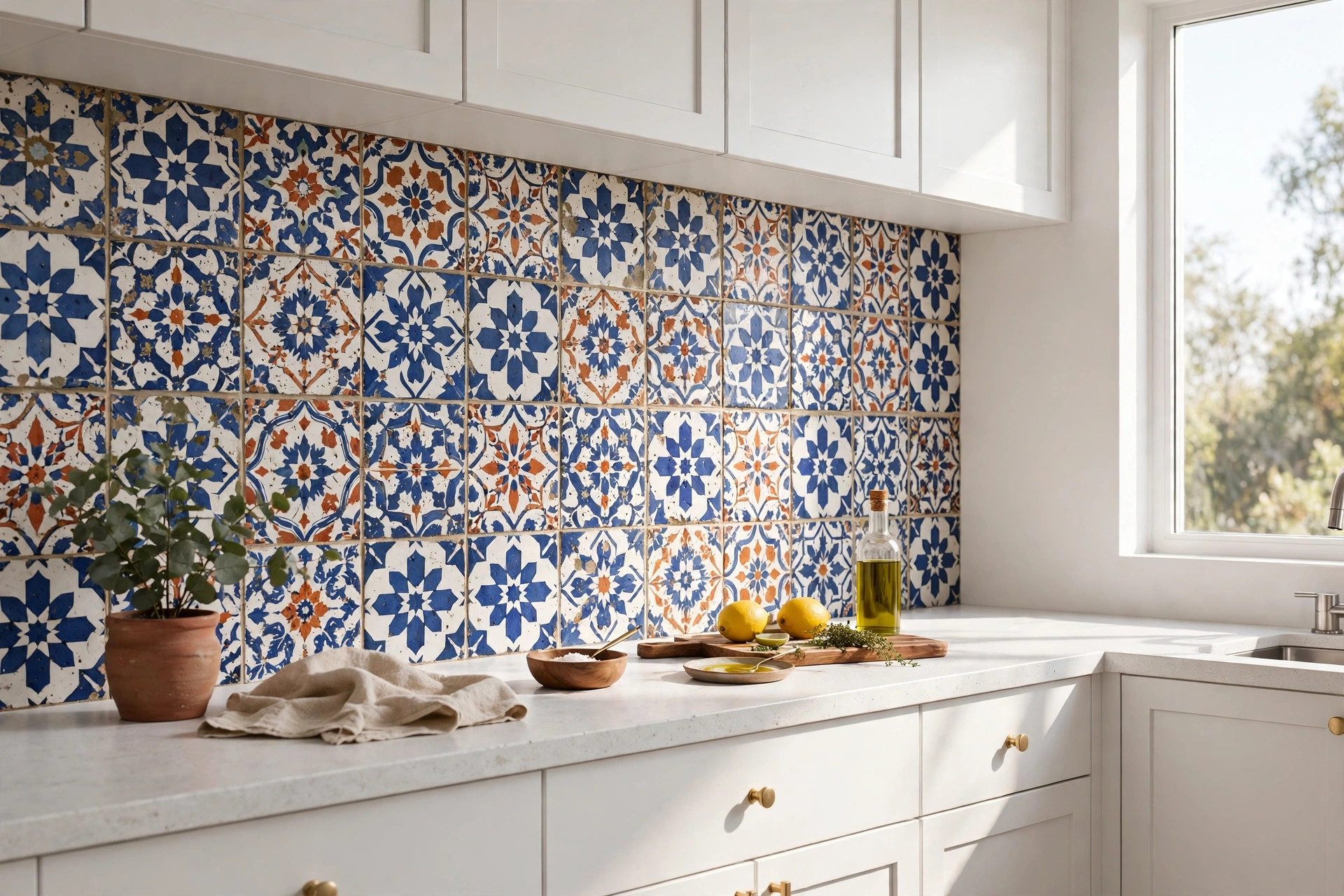 Patterned Moroccan-style square tile backsplash