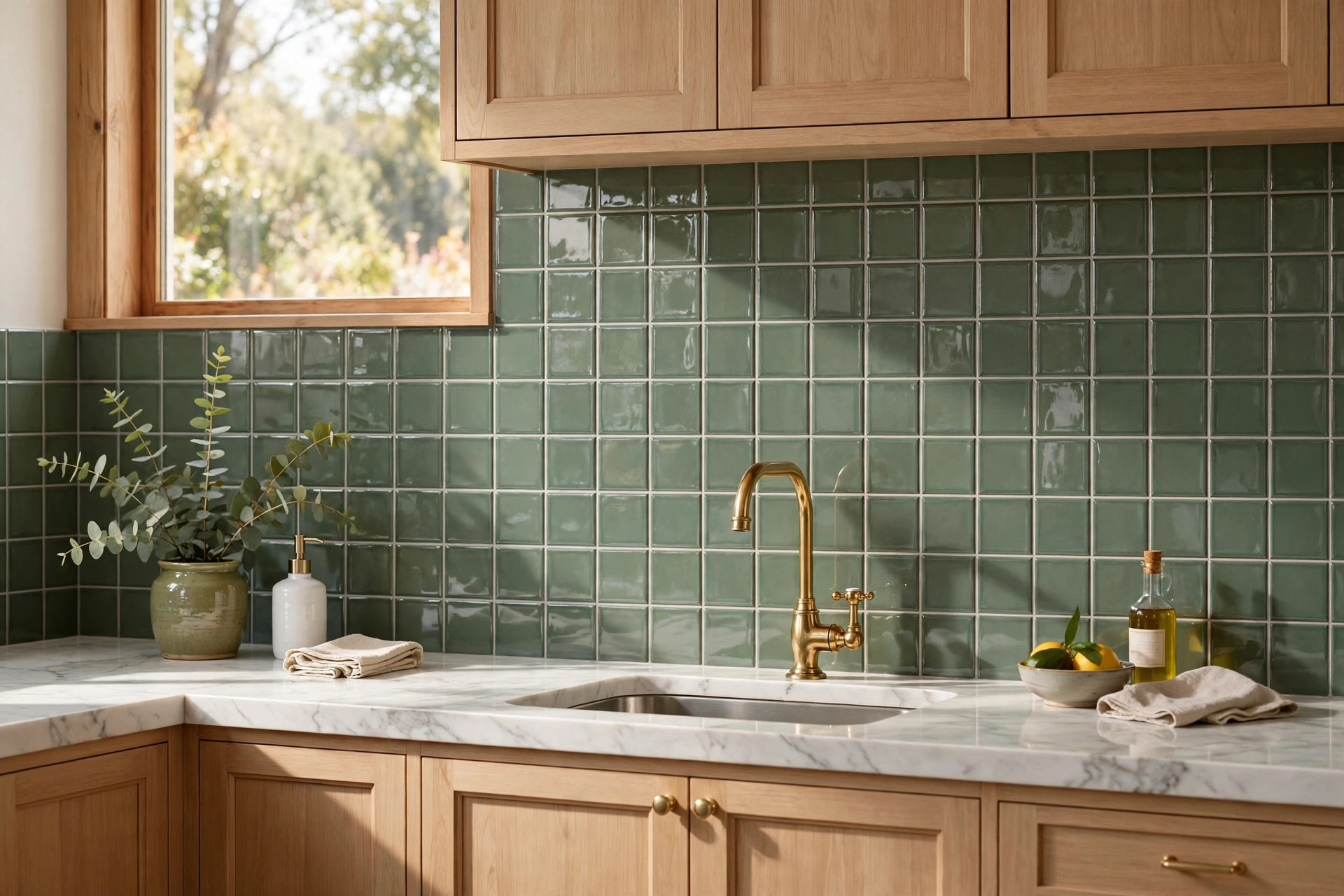 Sage green glossy square tile backsplash