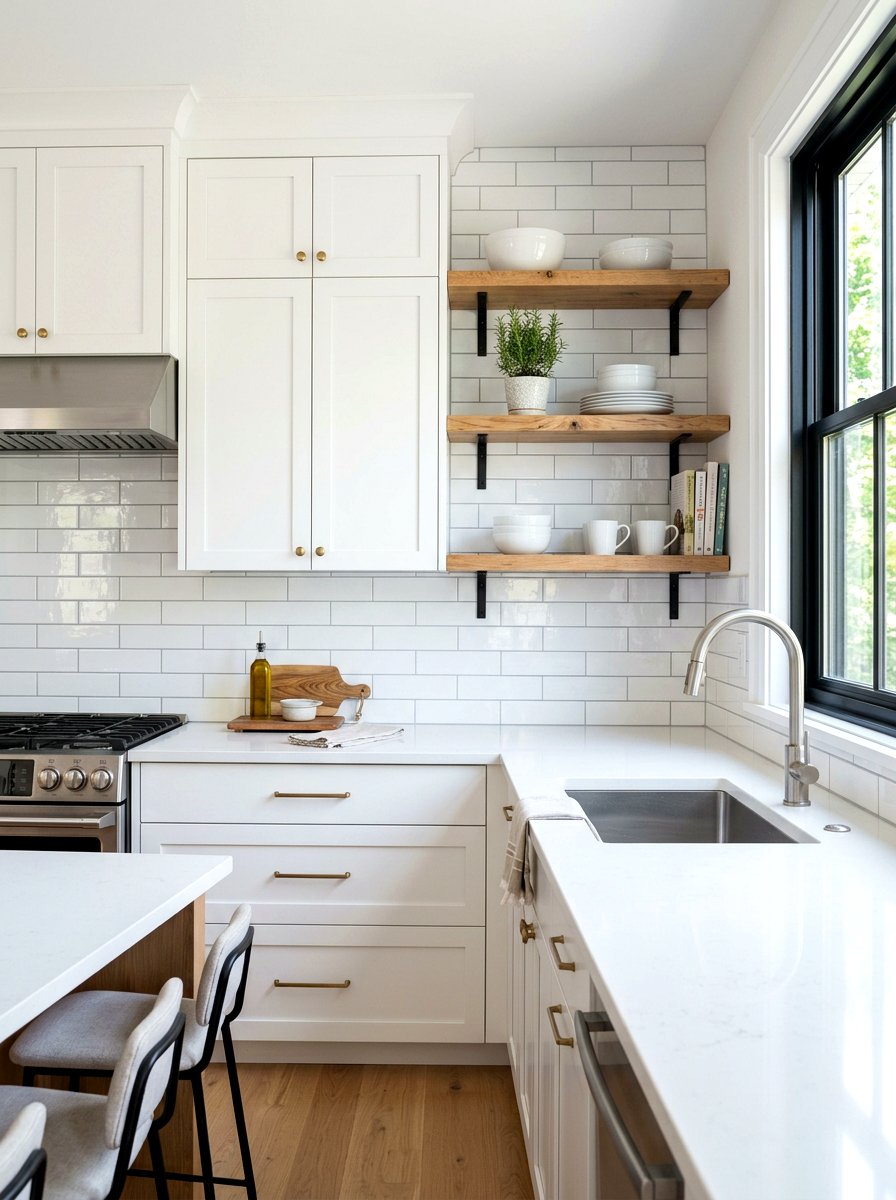Modern white subway tile kitchen backsplash